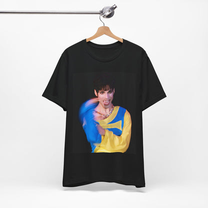 A black graphic t-shirt featuring a graphic related to Prince's 'When Doves Cry' song or era.