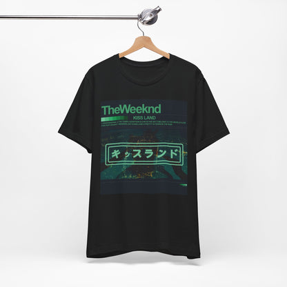 A black graphic t-shirt featuring a retro graphic related to The Weeknd's 'Kiss Land' album.
