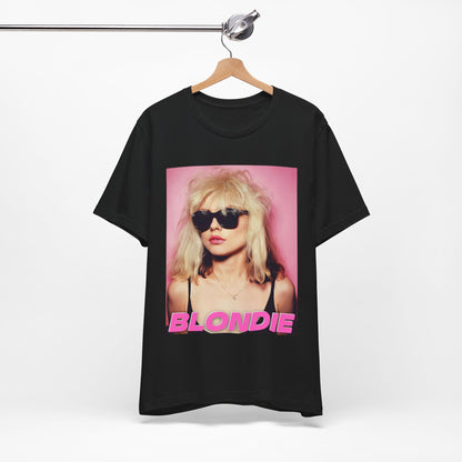 A black graphic t-shirt featuring a graphic related to Blondie's 'Call Me' song or era.