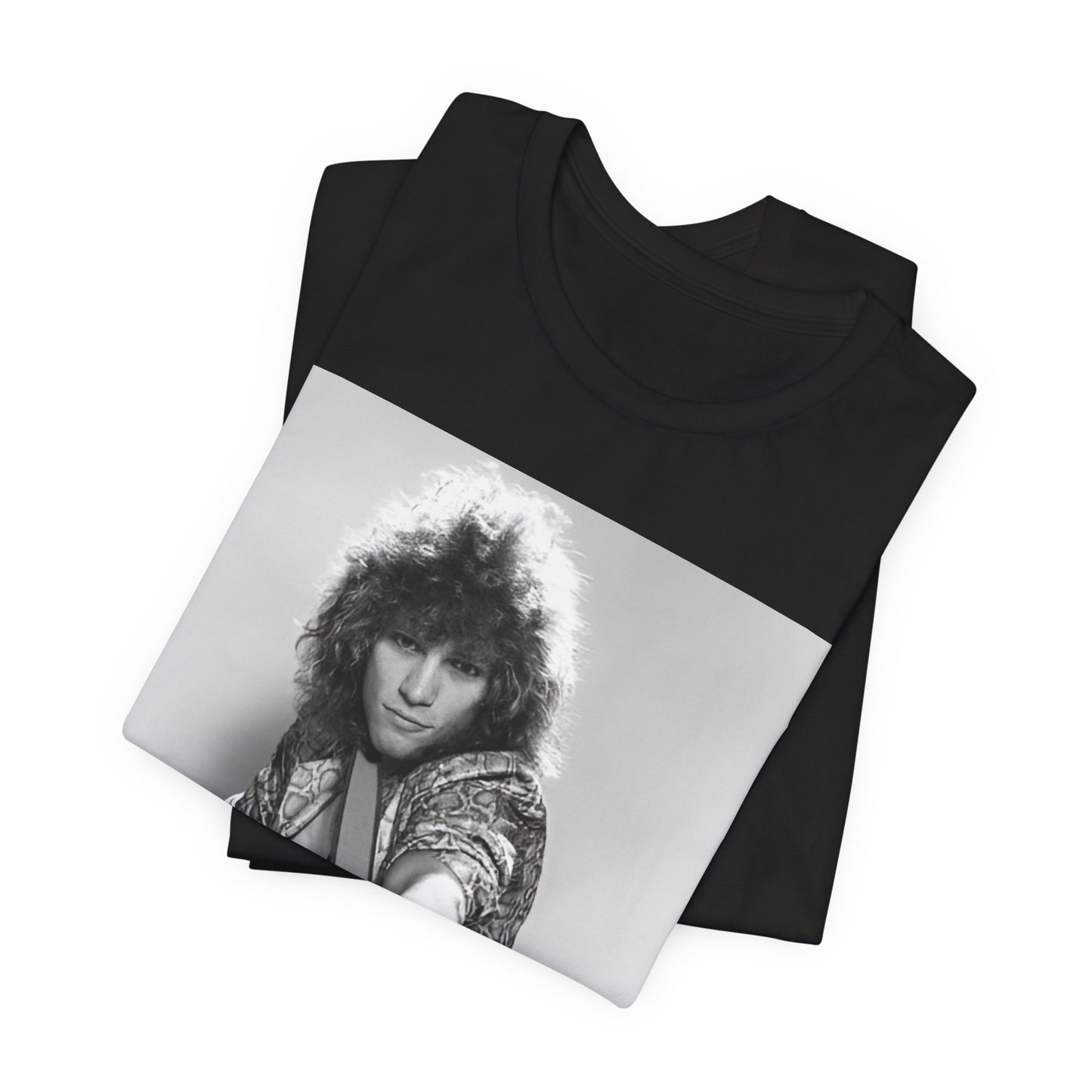 A black graphic t-shirt featuring a vintage 80s rock graphic of Bon Jovi.