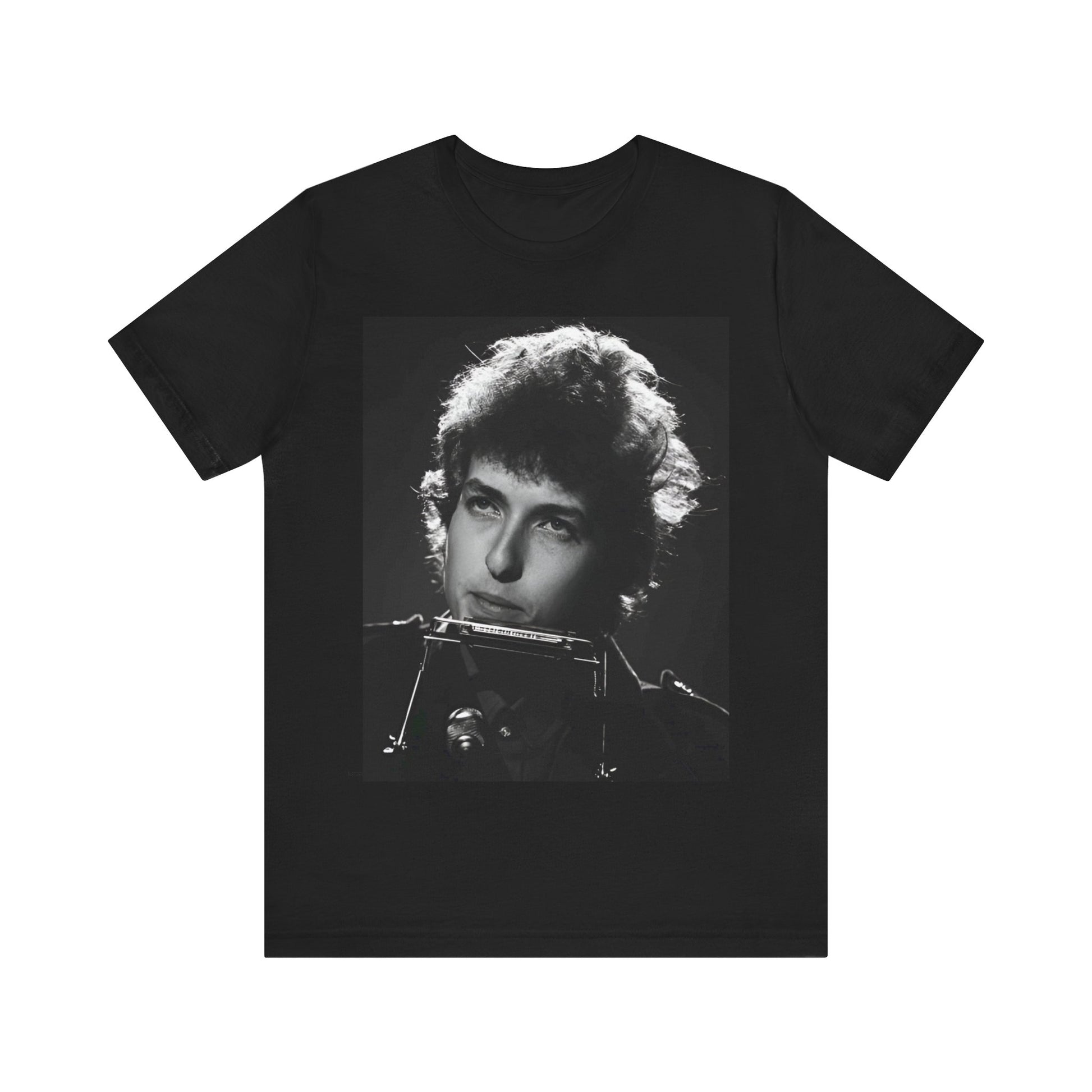 A black graphic t-shirt featuring a graphic of Bob Dylan from the 60s playing his harmonica.