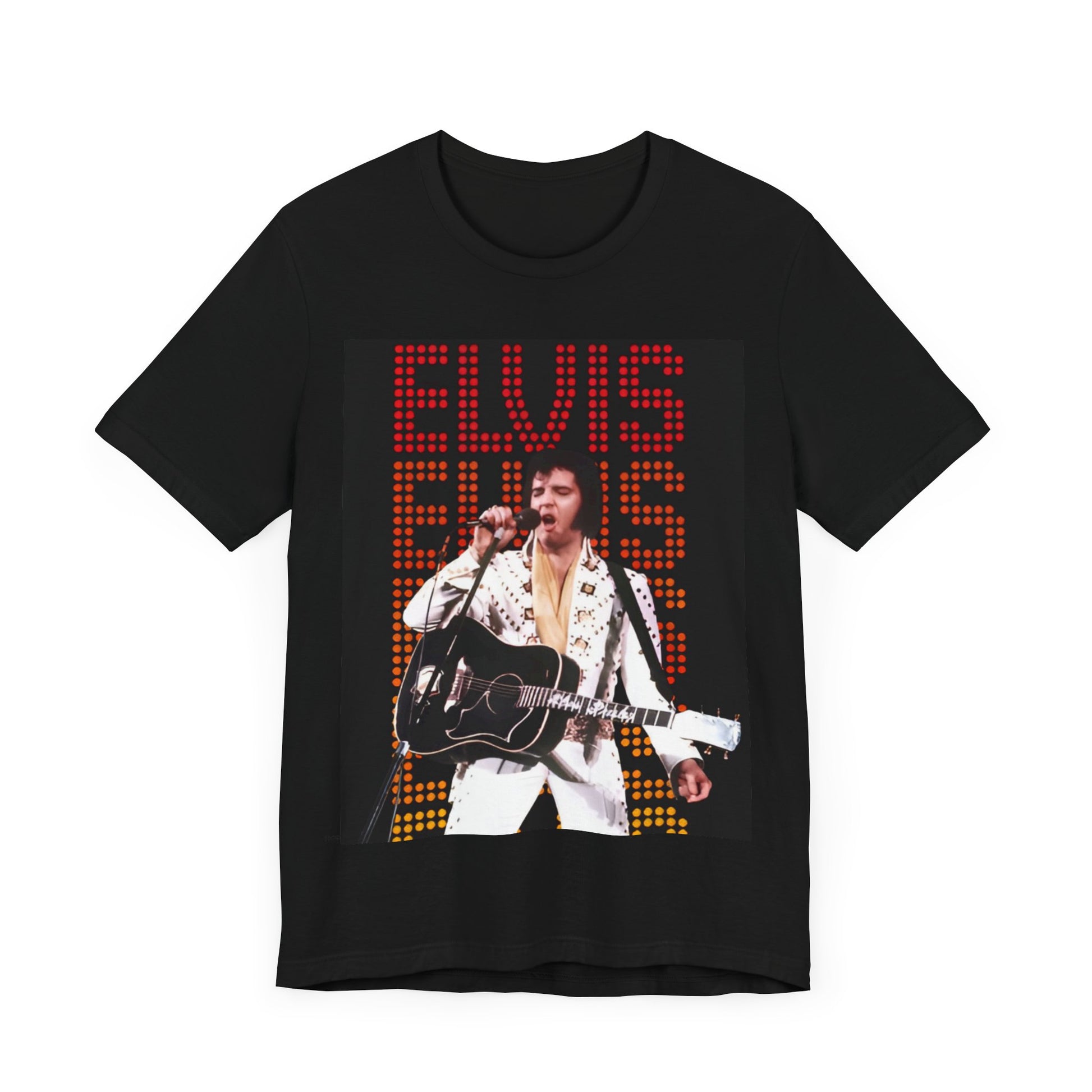 A black graphic t-shirt featuring a graphic related to Elvis Presley's '68 Comeback Special'.