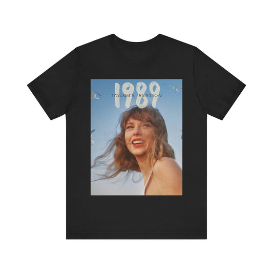 A black graphic t-shirt featuring a graphic related to Taylor Swift's 1989 album.
