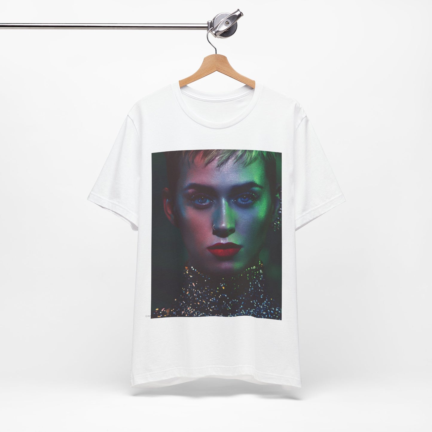 A black graphic t-shirt featuring a neon aesthetic graphic of Katy Perry.