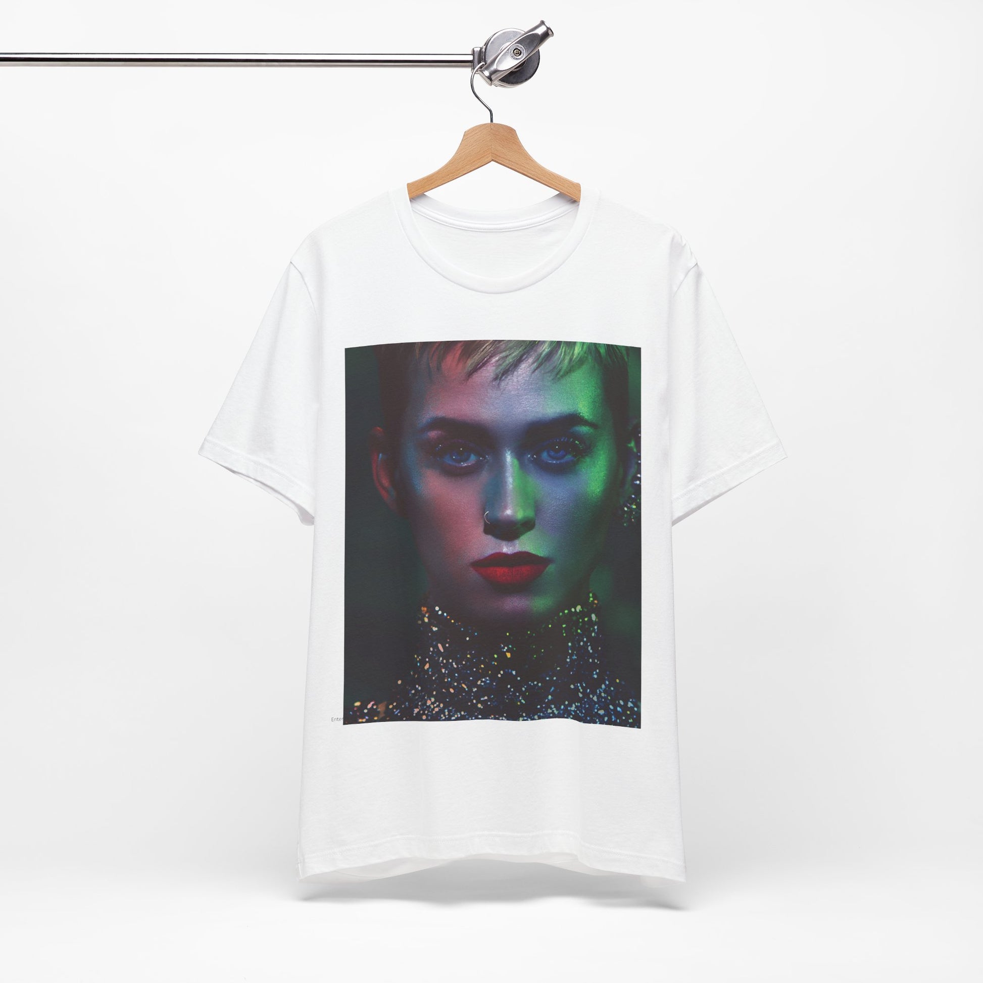 A black graphic t-shirt featuring a neon aesthetic graphic of Katy Perry.