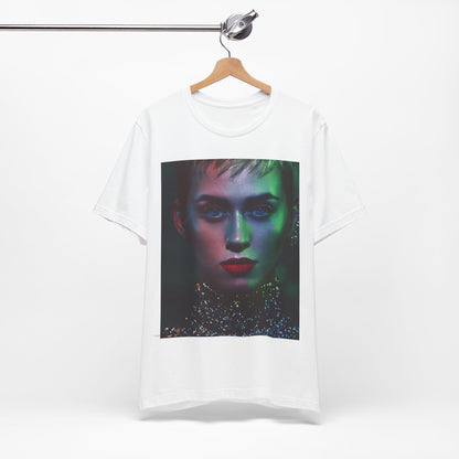 A black graphic t-shirt featuring a neon aesthetic graphic of Katy Perry.