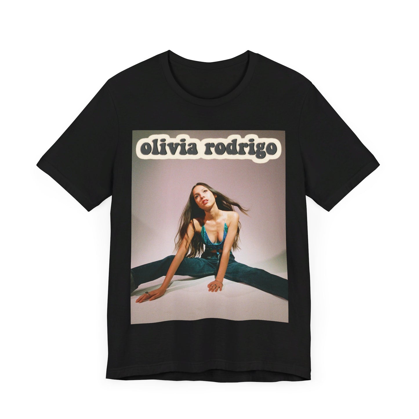 A black graphic t-shirt featuring a fierce graphic related to Olivia Rodrigo's 'good 4 u' song or era.