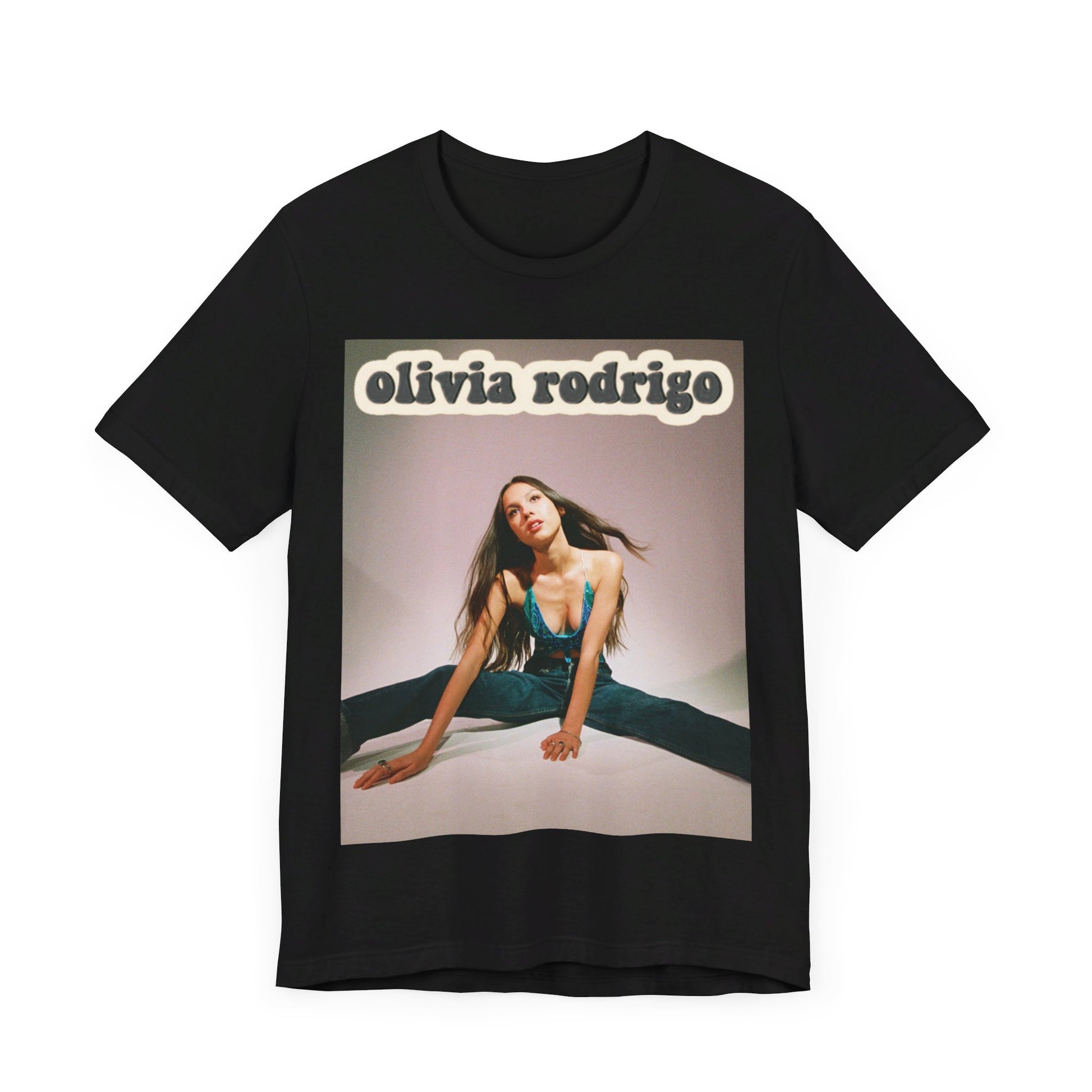 A black graphic t-shirt featuring a fierce graphic related to Olivia Rodrigo's 'good 4 u' song or era.