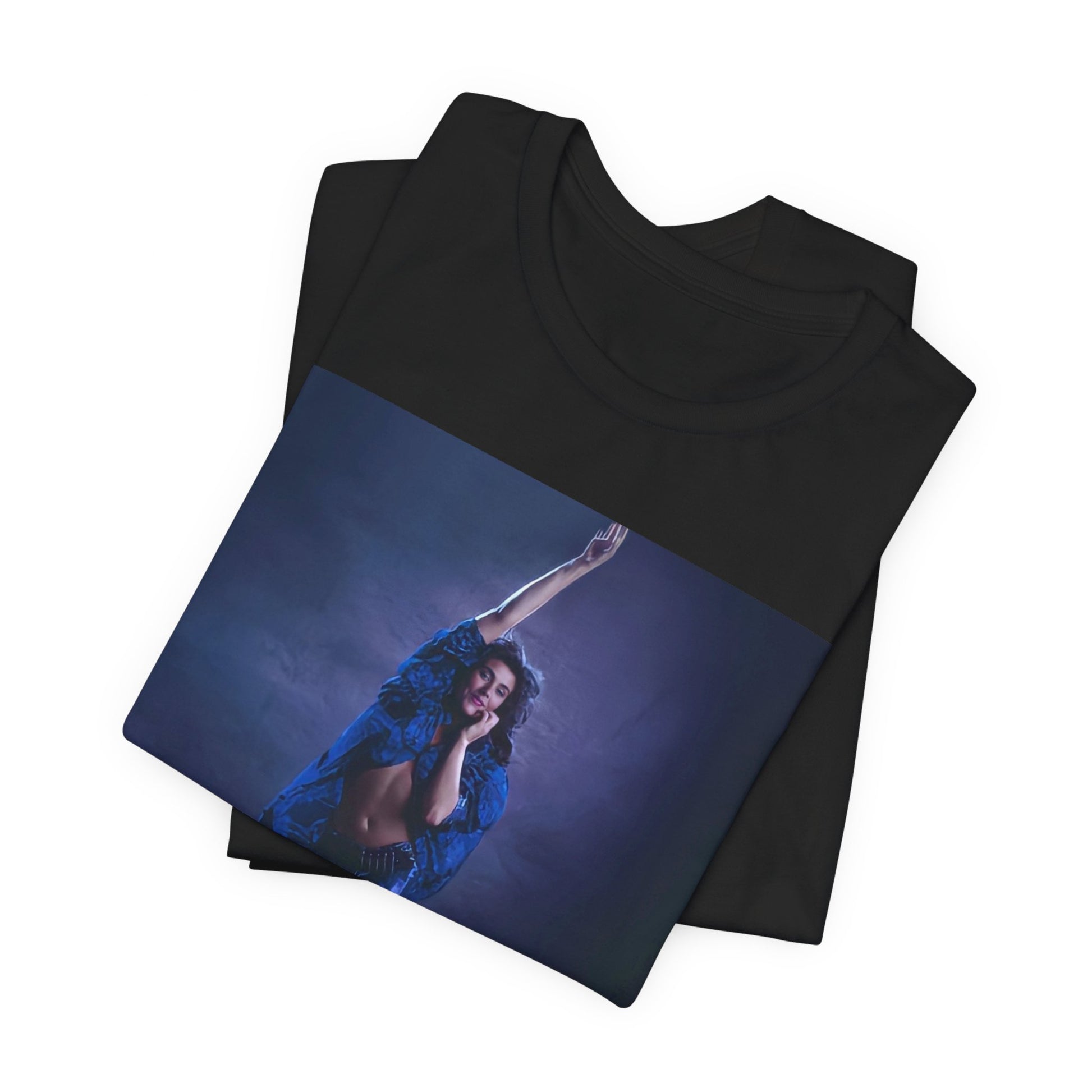 A black graphic t-shirt featuring an 80s synth pop aesthetic graphic of Laura Branigan.