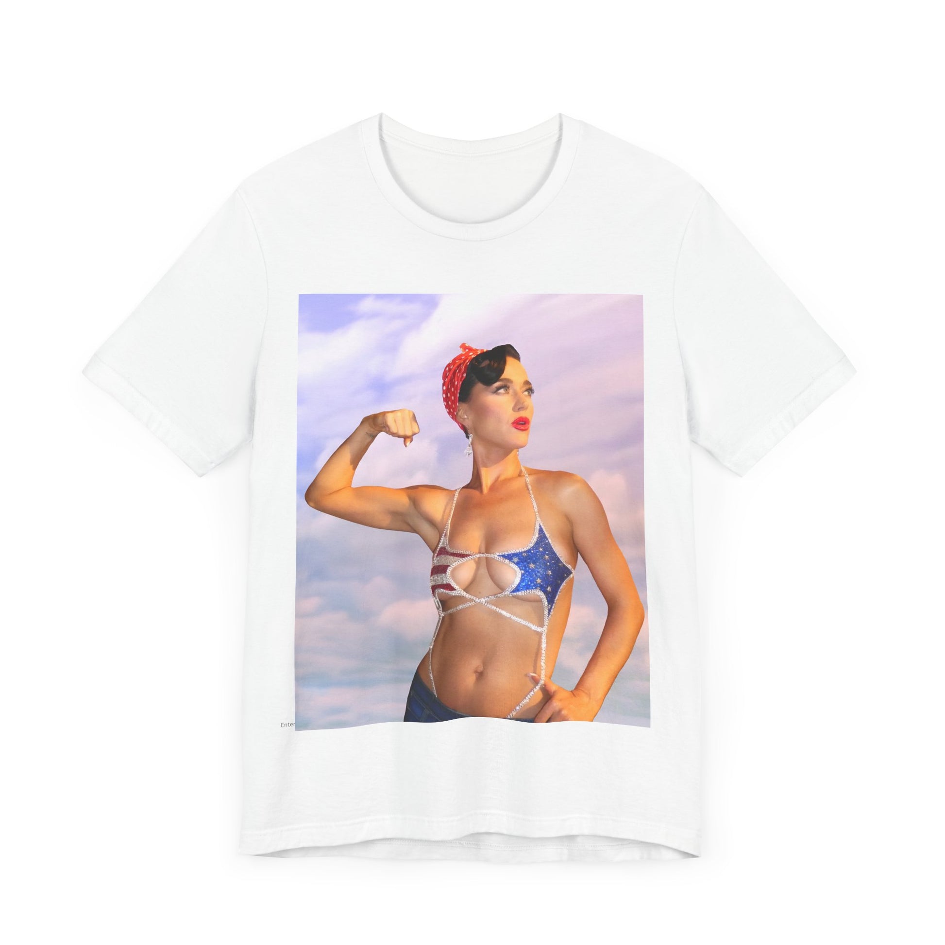 A black graphic t-shirt featuring a bold graphic of Katy Perry as a pop superstar.