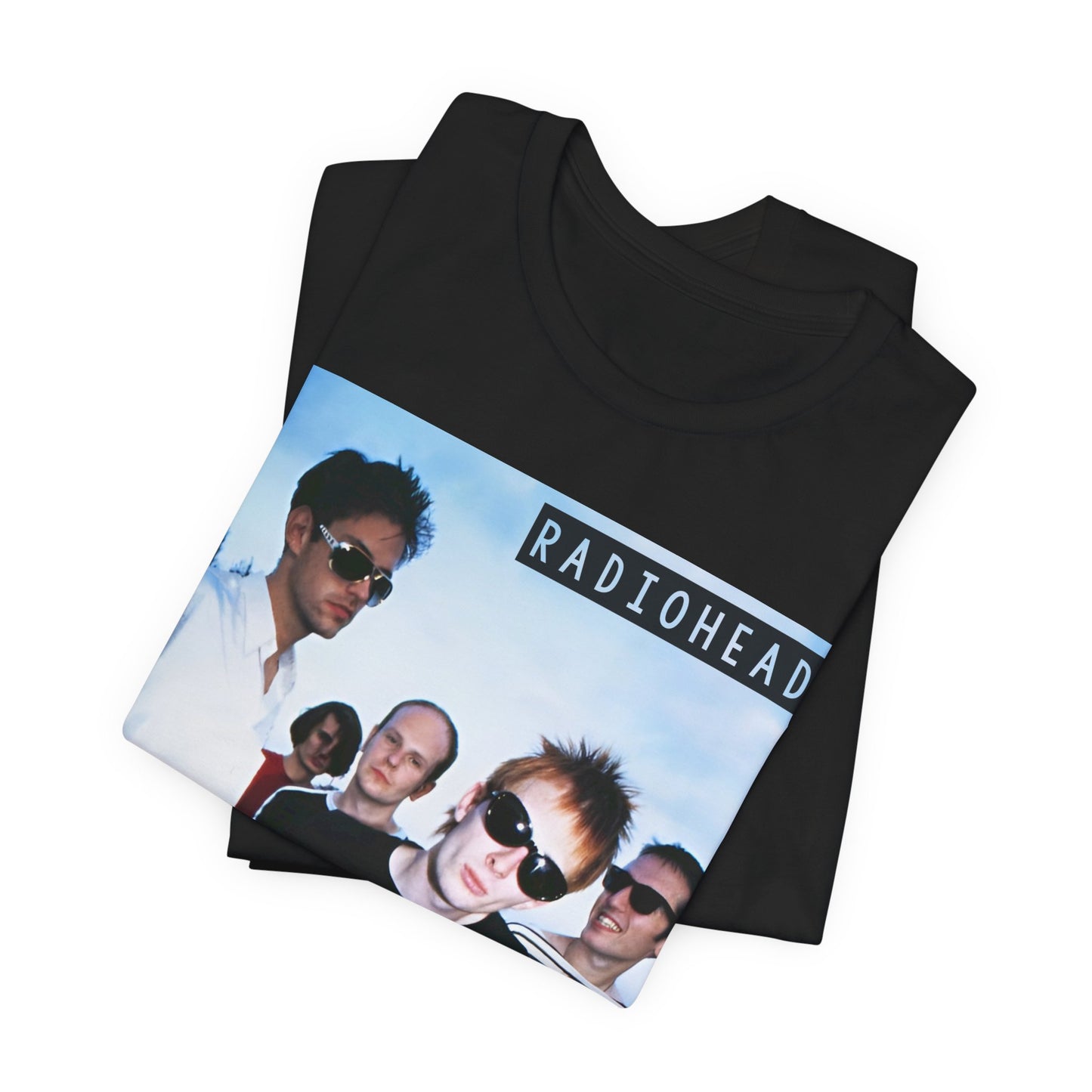 A black graphic t-shirt featuring a vintage alt rock graphic of Radiohead.