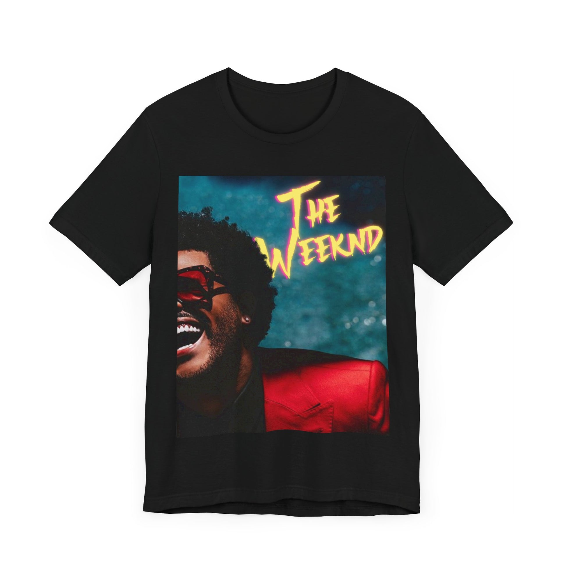 A black graphic t-shirt featuring a graphic of The Weeknd in his iconic red suit.