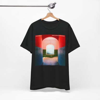 A black graphic t-shirt featuring a graphic related to Tame Impala's song 'Posthumous Forgiveness'.