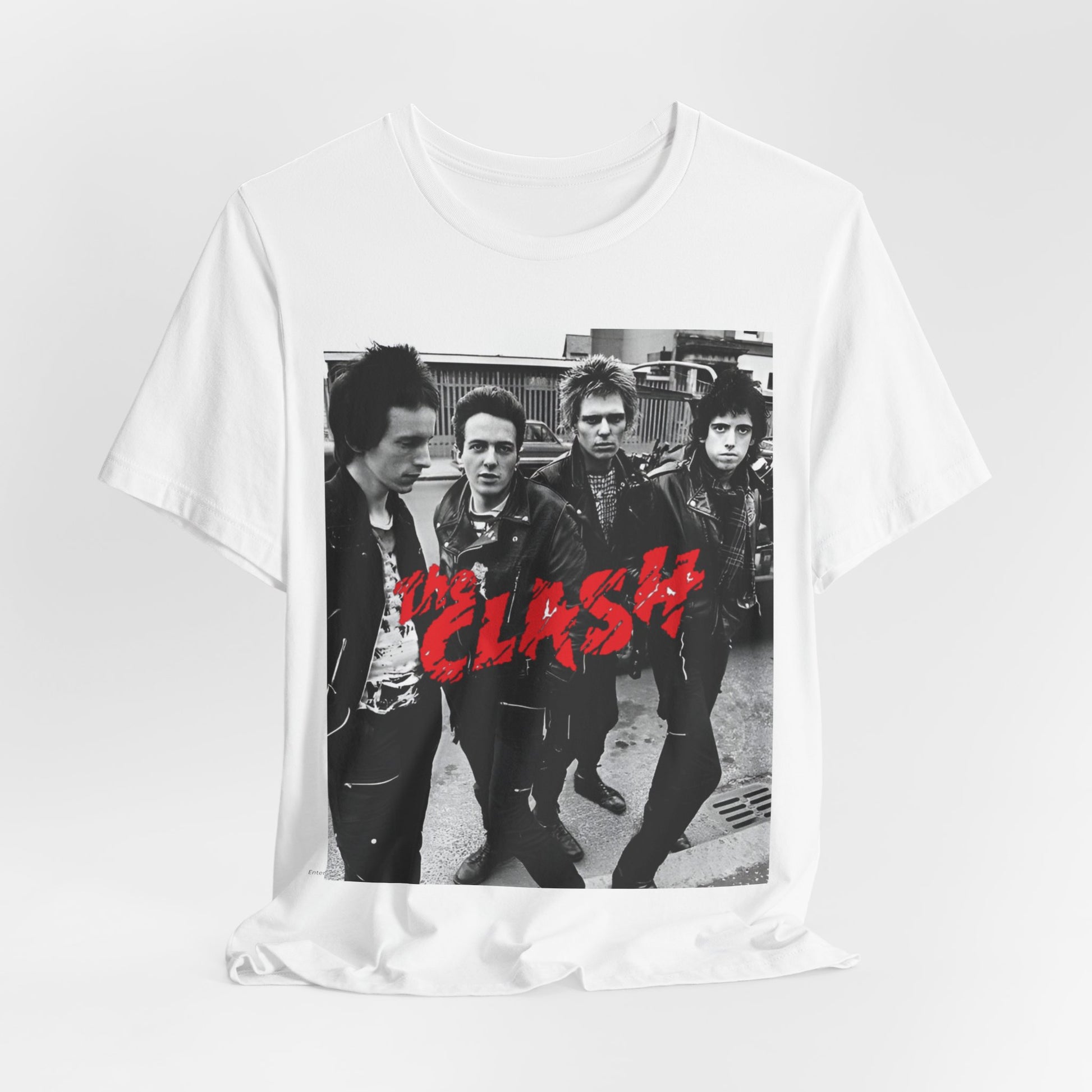 A black graphic t-shirt featuring a graphic of The Clash as punk rock pioneers.