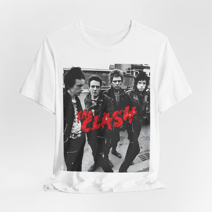 A black graphic t-shirt featuring a graphic of The Clash as punk rock pioneers.