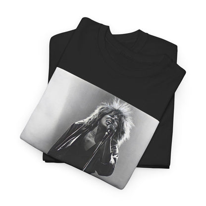 A black graphic t-shirt featuring a graphic of Tina Turner performing "Proud Mary" live.