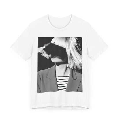 A black graphic t-shirt featuring a black and white portrait photo of Sia.
