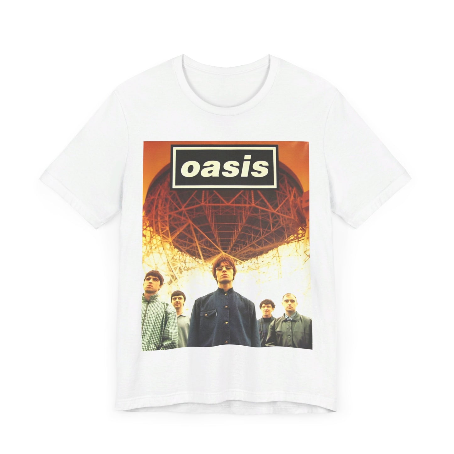 A black graphic t-shirt featuring a 90s vintage Britpop icon graphic of Oasis.