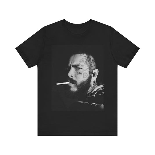 A black graphic t-shirt featuring a black and white portrait graphic of Post Malone.