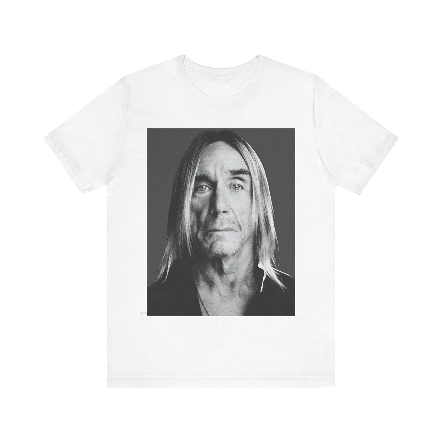 A black graphic t-shirt featuring a black and white portrait photo of Iggy Pop.