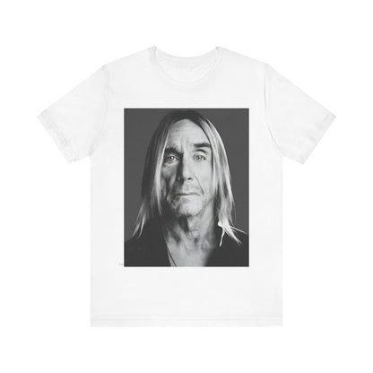 A black graphic t-shirt featuring a black and white portrait photo of Iggy Pop.