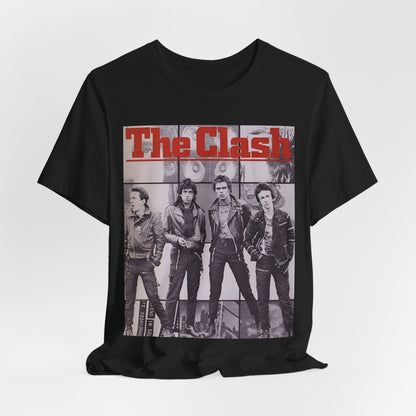 A black graphic t-shirt featuring a 70s retro punk superstar graphic of The Clash.