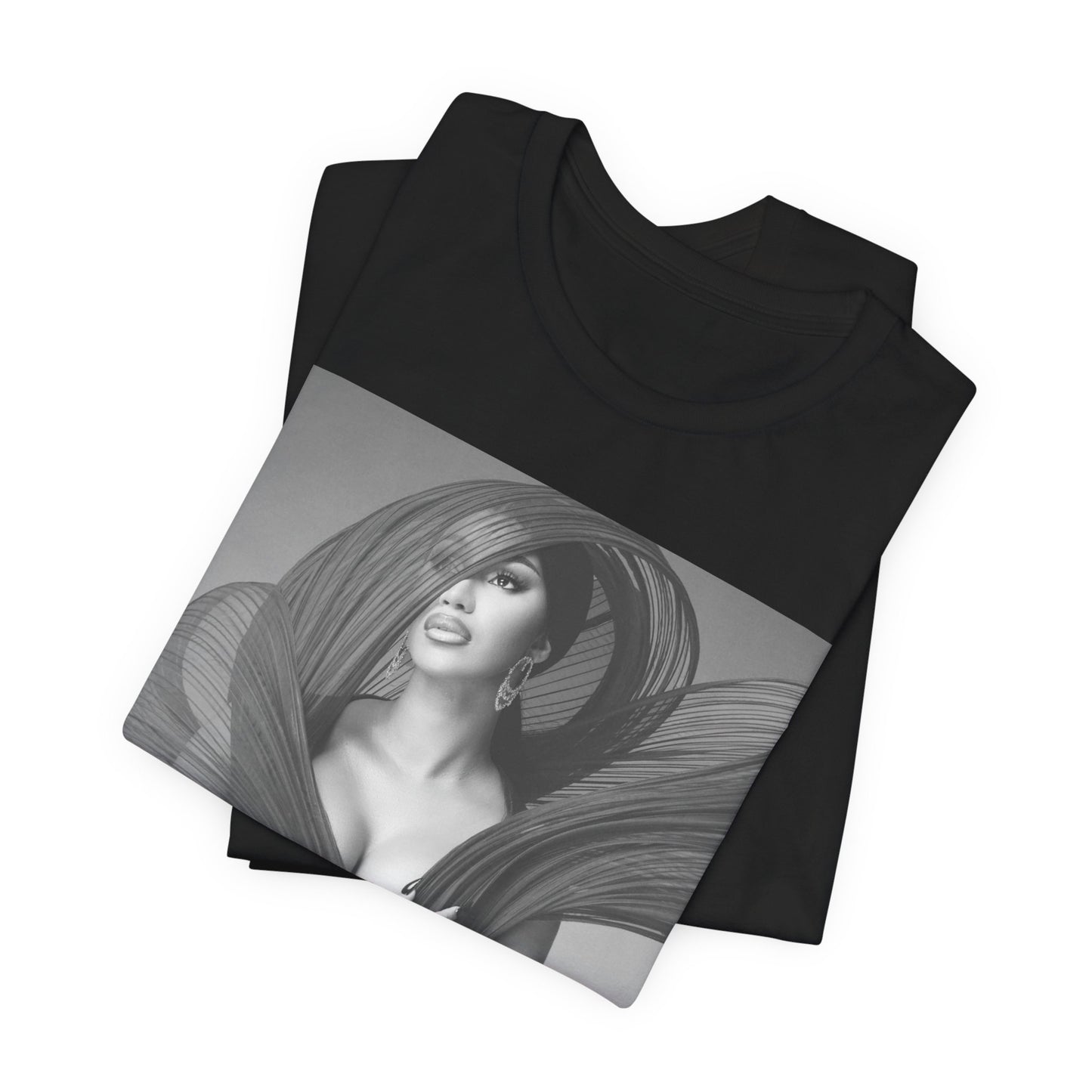 A black graphic t-shirt featuring a black and white graphic of Cardi B, emphasizing her 'Bronx Princess' or rap icon status.
