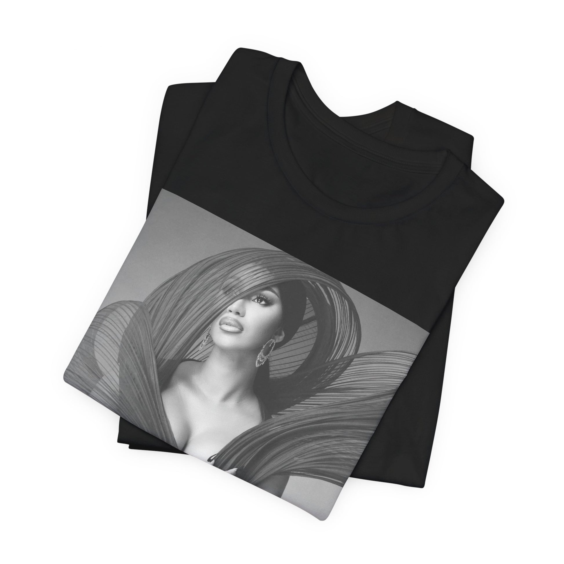 A black graphic t-shirt featuring a black and white graphic of Cardi B, emphasizing her 'Bronx Princess' or rap icon status.