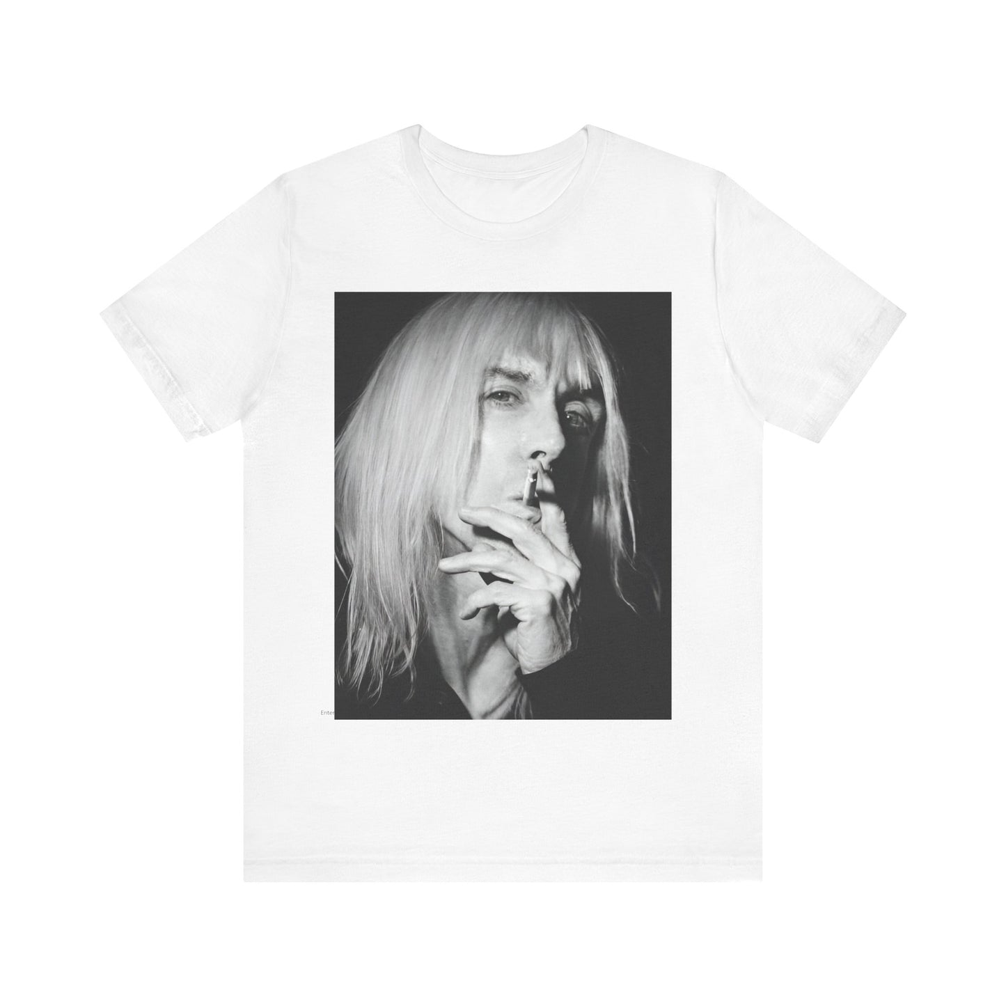 A black graphic t-shirt featuring a black and white graphic or photo of Iggy Pop holding a cigar.