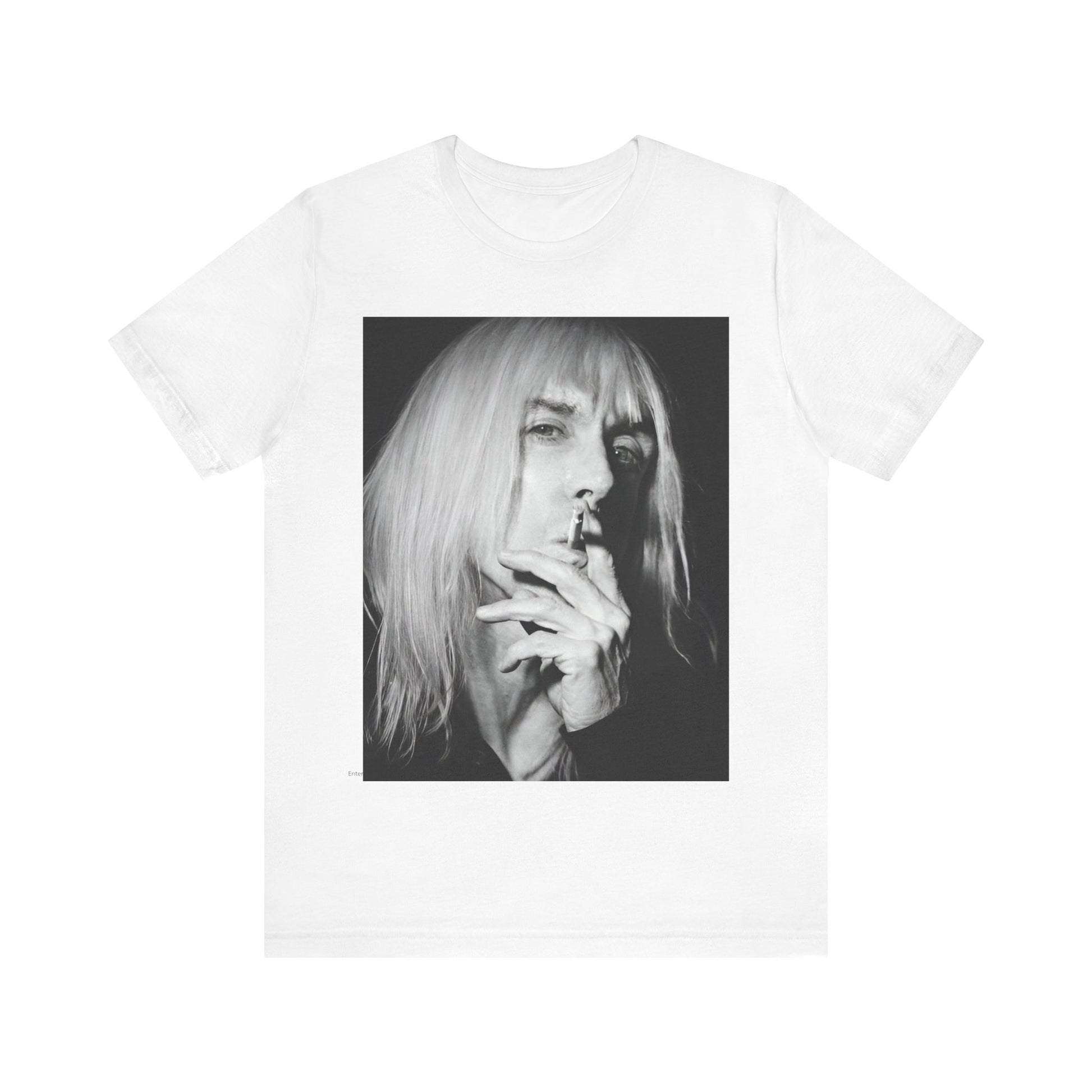 A black graphic t-shirt featuring a black and white graphic or photo of Iggy Pop holding a cigar.