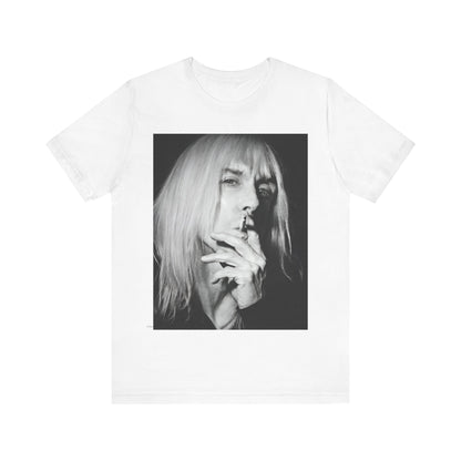 A black graphic t-shirt featuring a black and white graphic or photo of Iggy Pop holding a cigar.