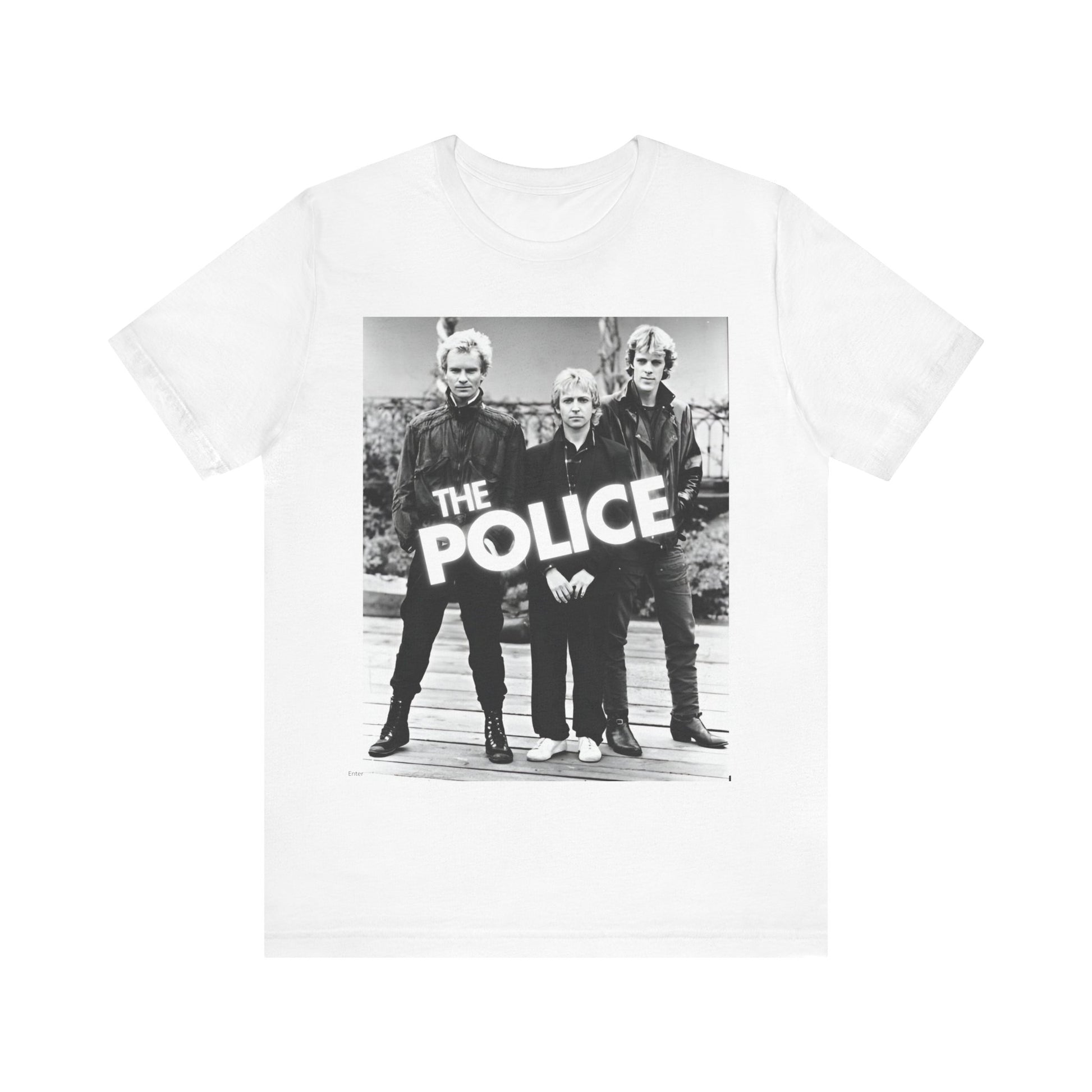 A black graphic t-shirt featuring an 80s pop rock aesthetic black and white graphic of The Police.