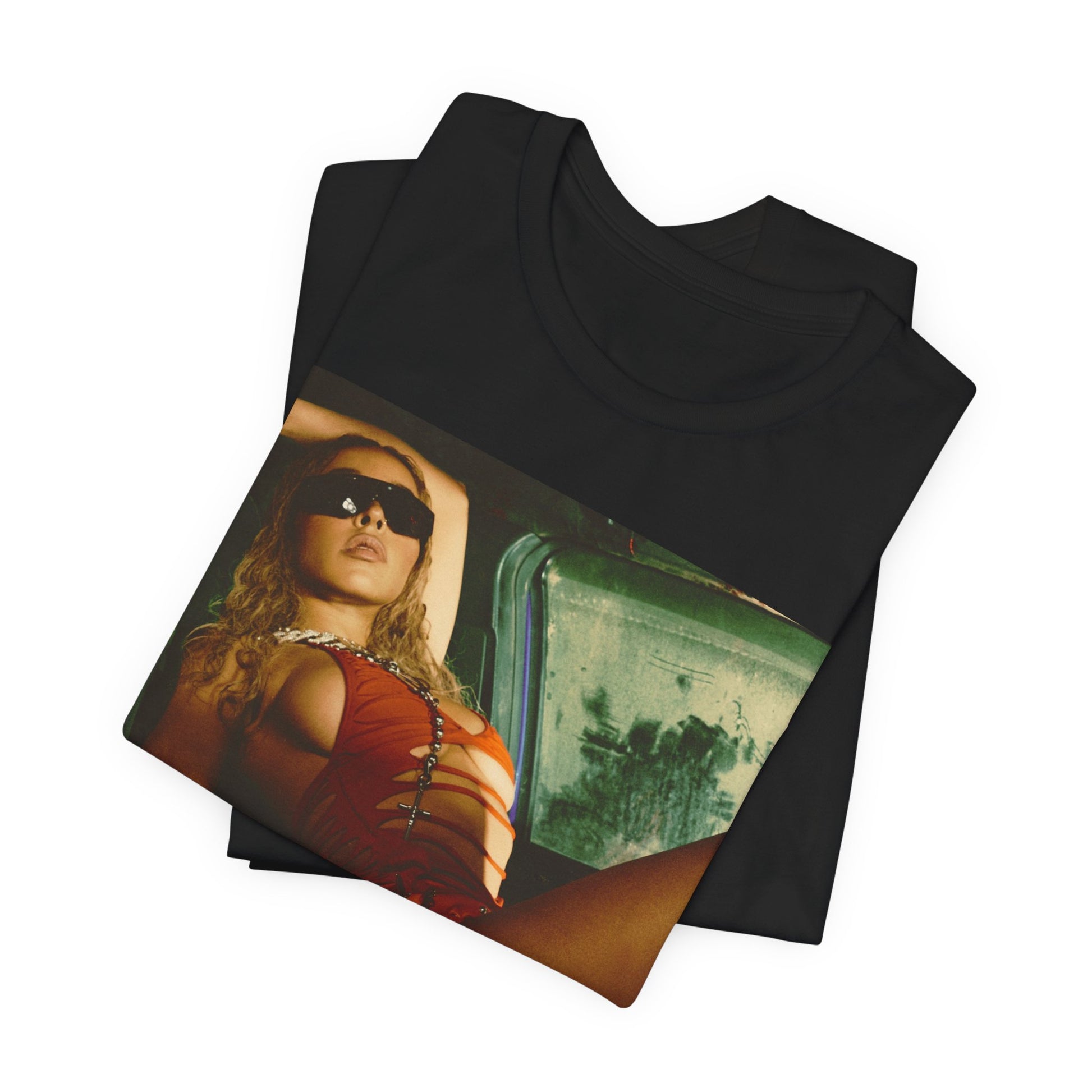 A black graphic t-shirt featuring a graphic of Tinashe as a hot R&B superstar.