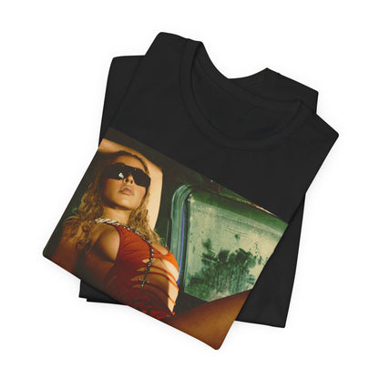 A black graphic t-shirt featuring a graphic of Tinashe as a hot R&B superstar.