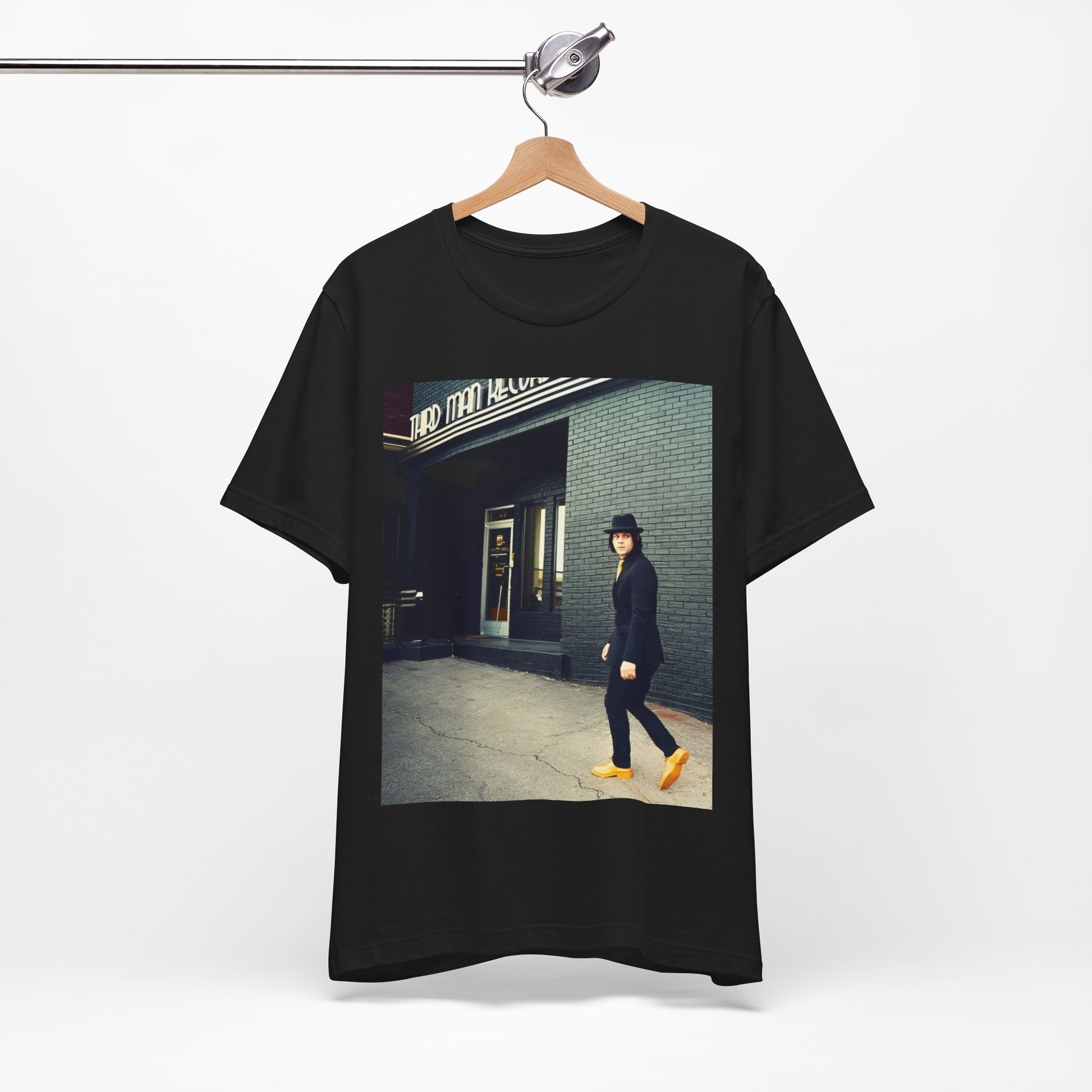 A black graphic t-shirt featuring a garage rock graphic of The White Stripes.