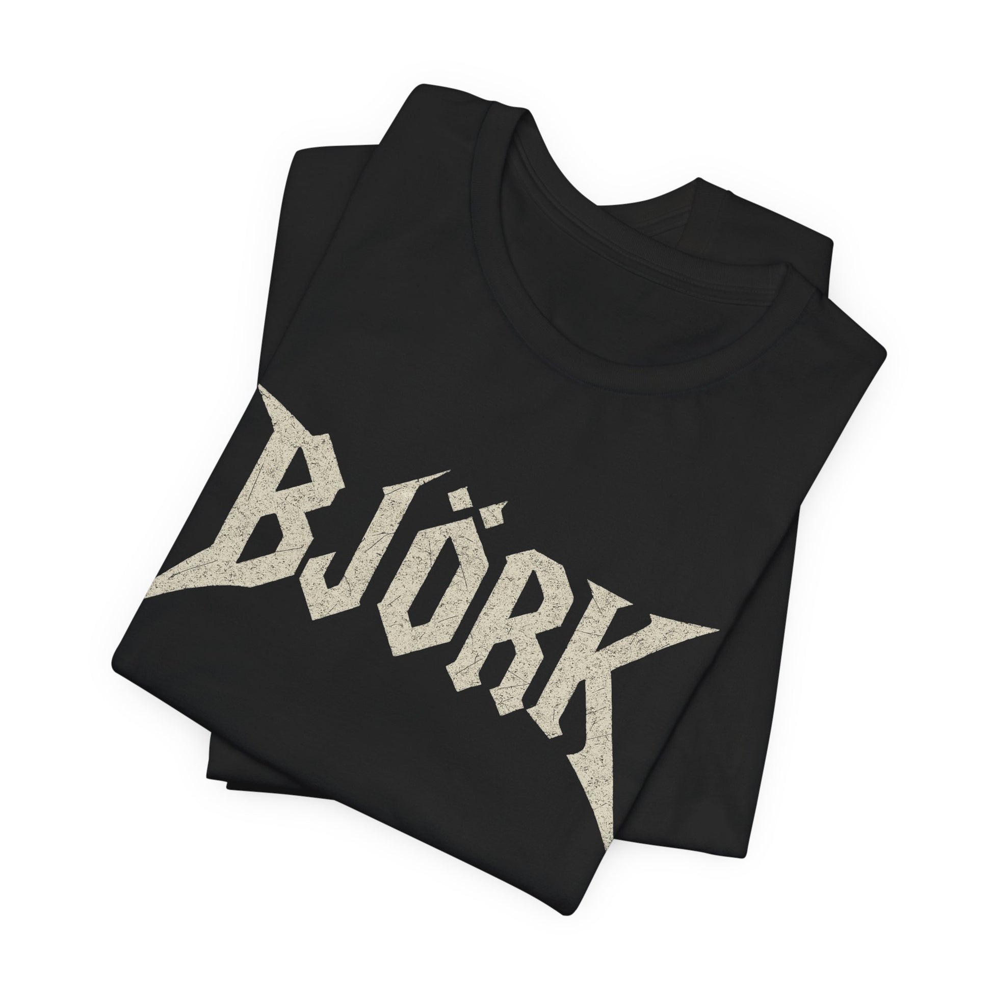 A black graphic t-shirt featuring the Bjork logo in a black and white, aesthetic style.