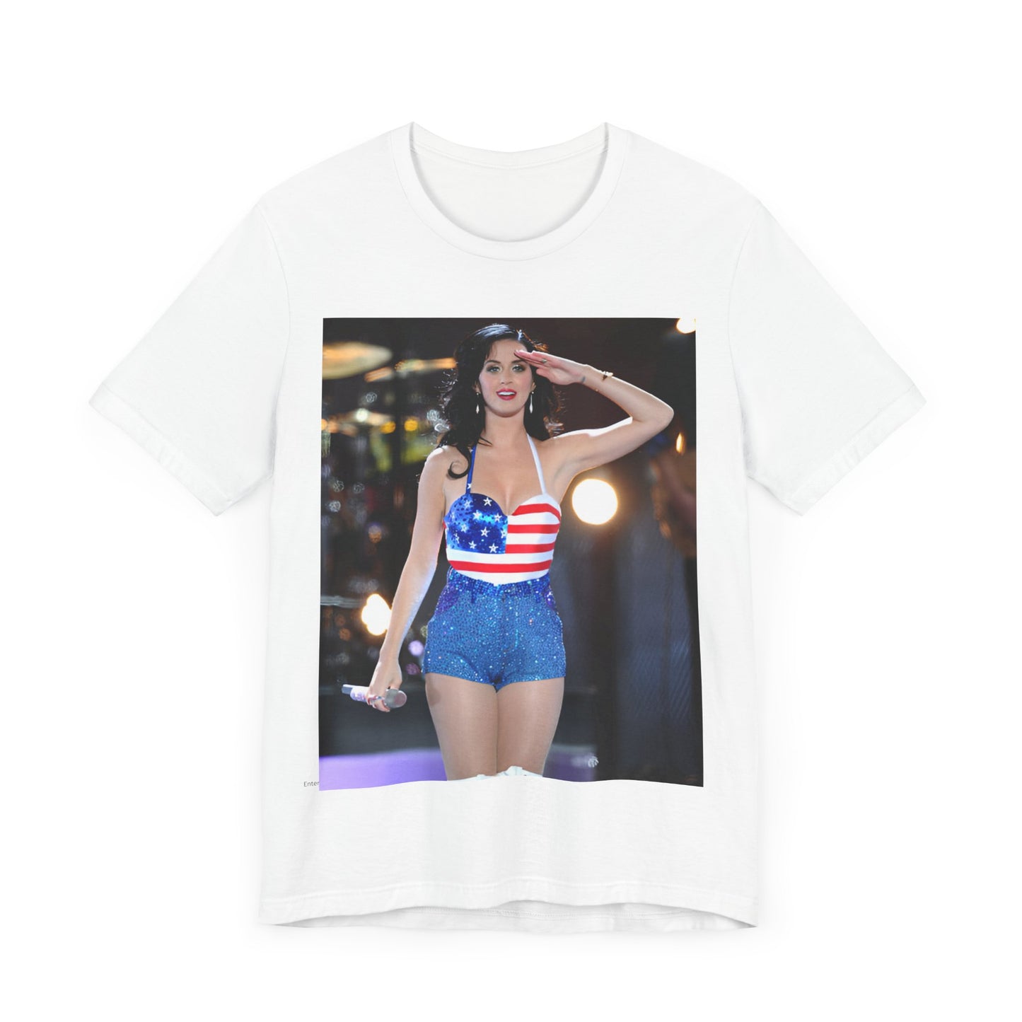 A black graphic t-shirt featuring a vintage graphic related to Katy Perry's 'Firework' song or era.