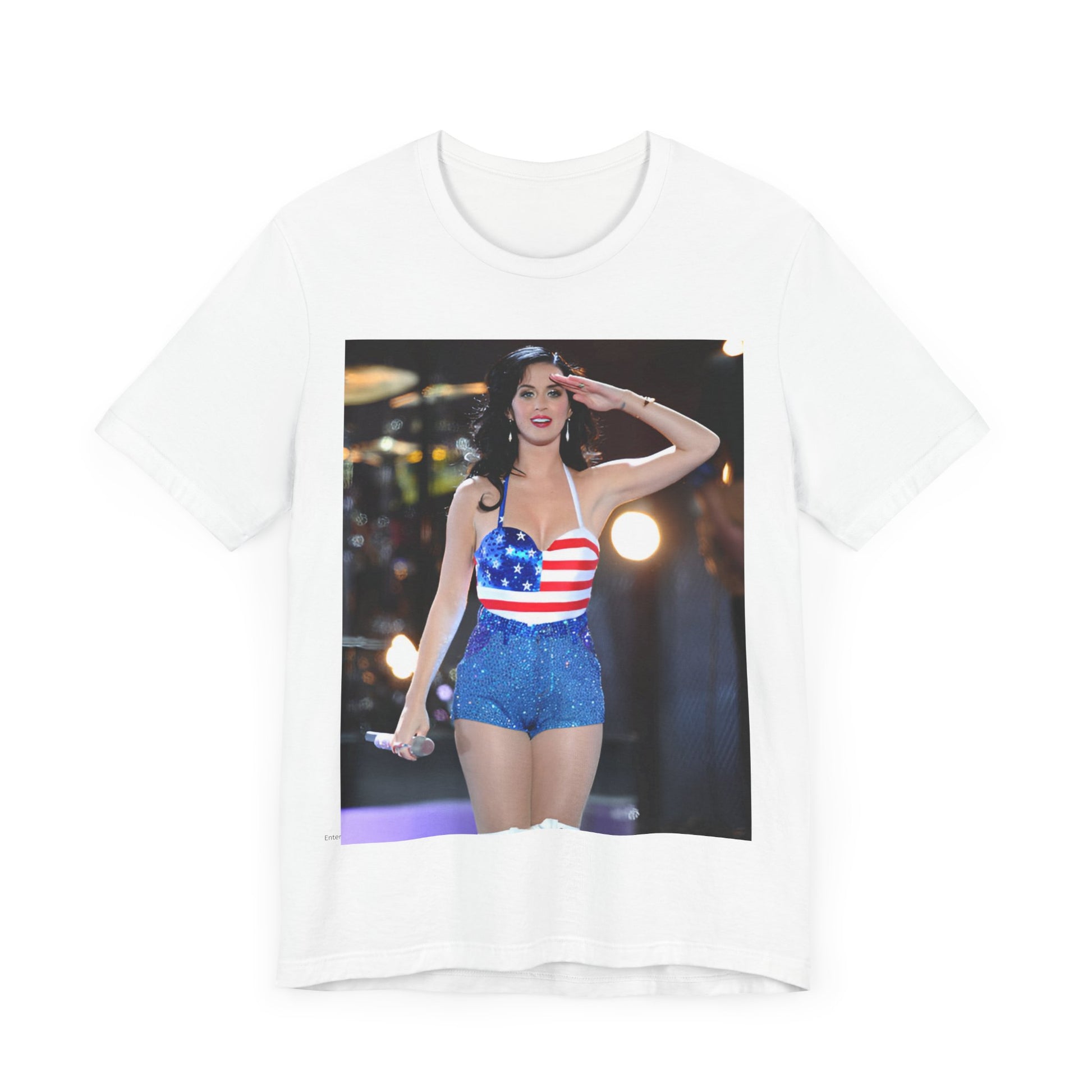 A black graphic t-shirt featuring a vintage graphic related to Katy Perry's 'Firework' song or era.