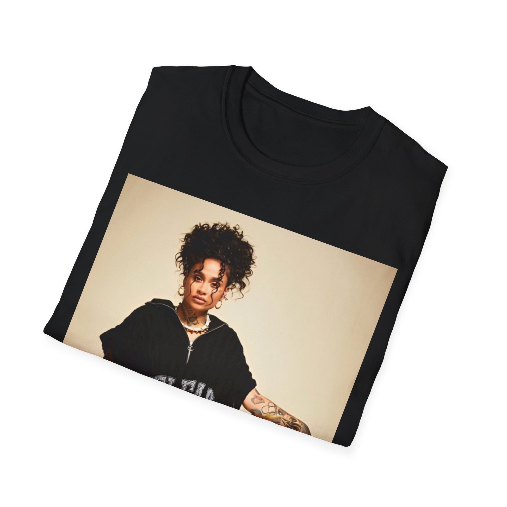 A black graphic t-shirt featuring a modern R&B essential graphic of Kehlani.