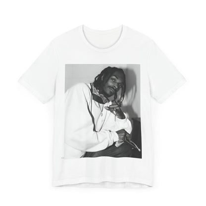 A black graphic t-shirt featuring a black and white hip hop graphic or photo of Snoop Dogg.