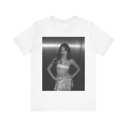 A black graphic t-shirt featuring a black and white portrait photo of Olivia Rodrigo.