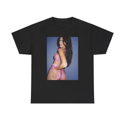 A black graphic t-shirt featuring a glamorous graphic of Dua Lipa, evoking her "Future Nostalgia" era.
