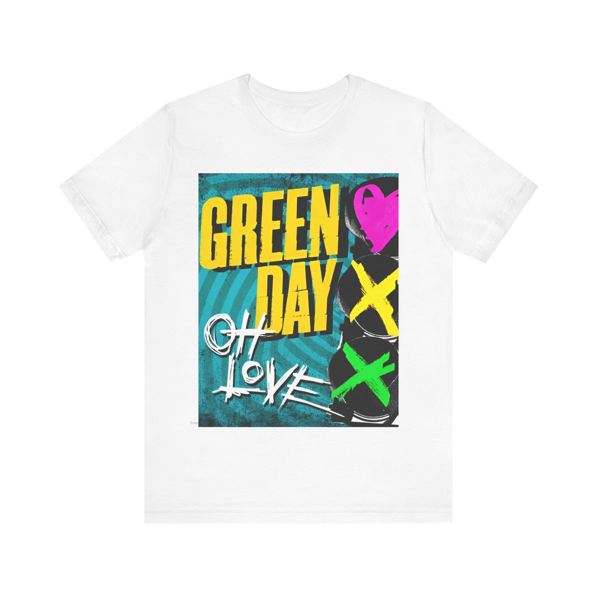 A black graphic t-shirt featuring a graphic related to Green Day's song 'Oh Love'.