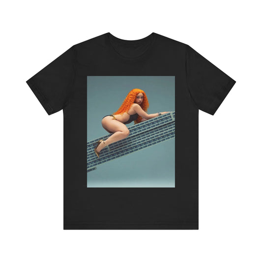 A black graphic t-shirt featuring a graphic of Ice Spice with a chill rap vibe.