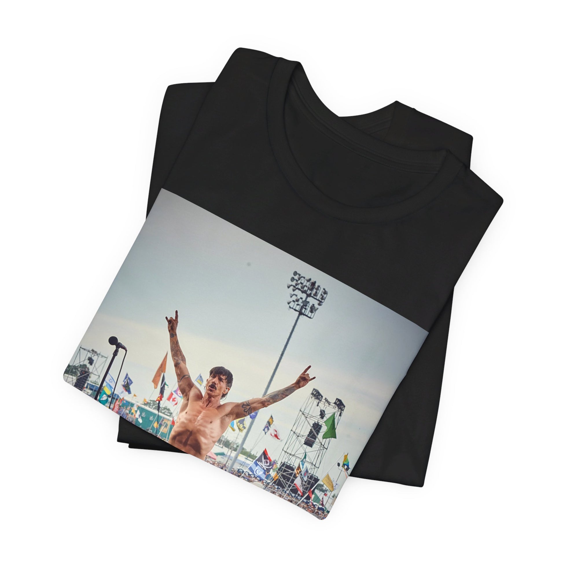 A black graphic t-shirt featuring a concert tour graphic of Red Hot Chili Peppers.