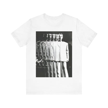 A black graphic t-shirt featuring a graphic of David Byrne from Talking Heads in his iconic 'big suit'.