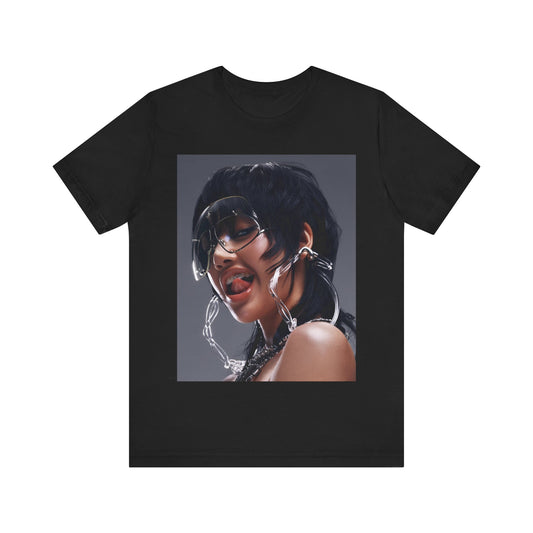 A black graphic t-shirt featuring a vintage K-Pop icon graphic of Lisa.