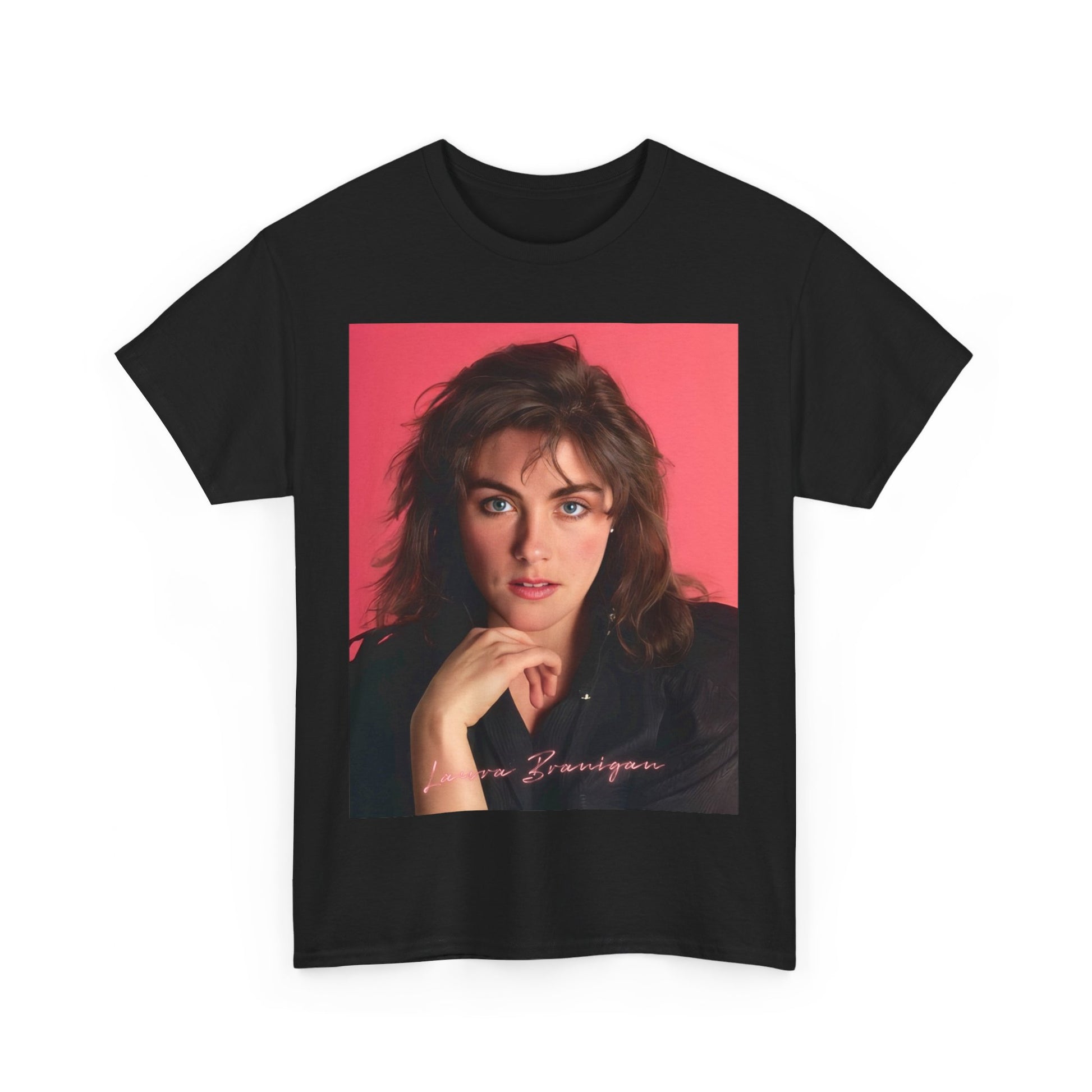 A black graphic t-shirt featuring a vintage 80s pop diva graphic of Laura Branigan.