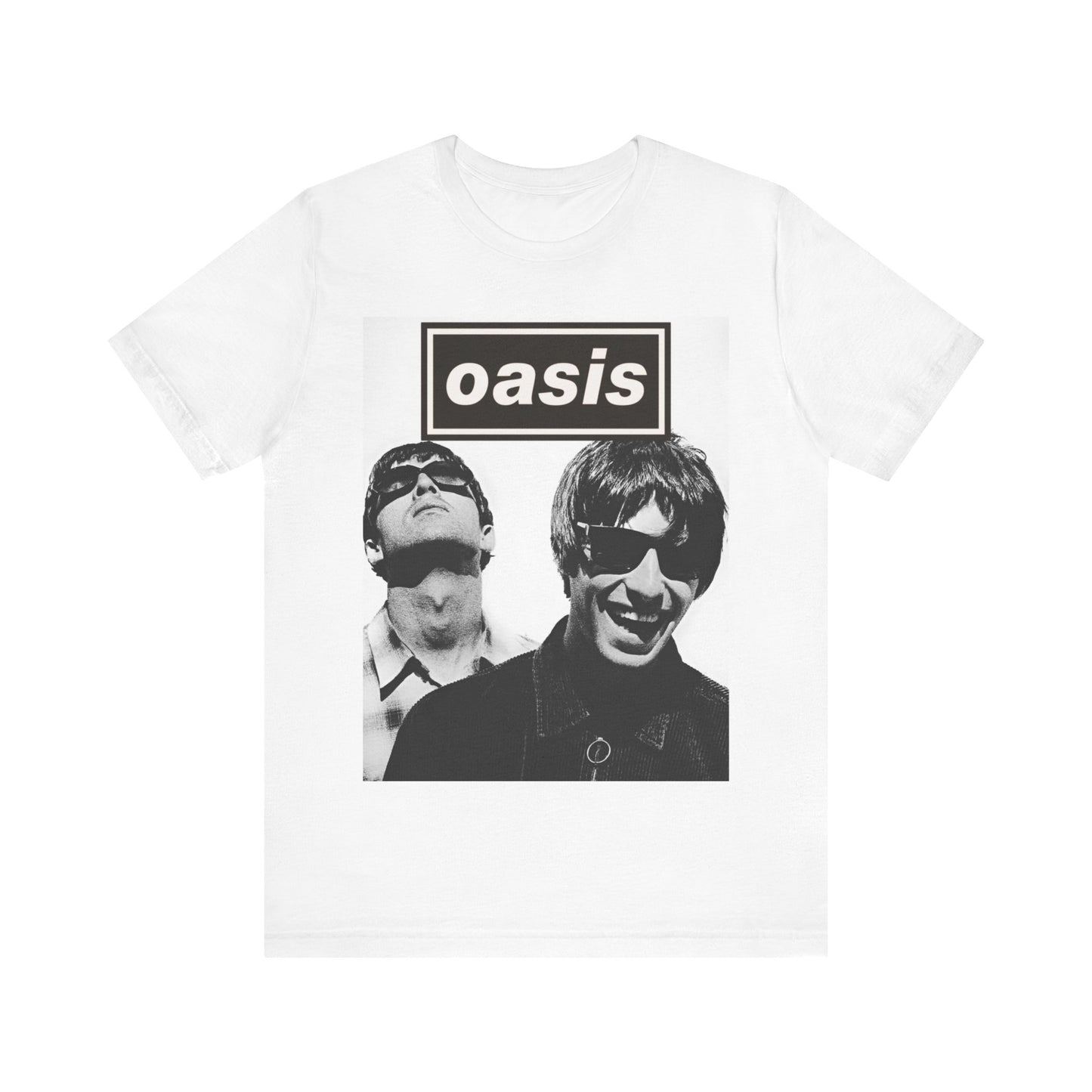 A black graphic t-shirt featuring a bold rock superstar graphic of Oasis.