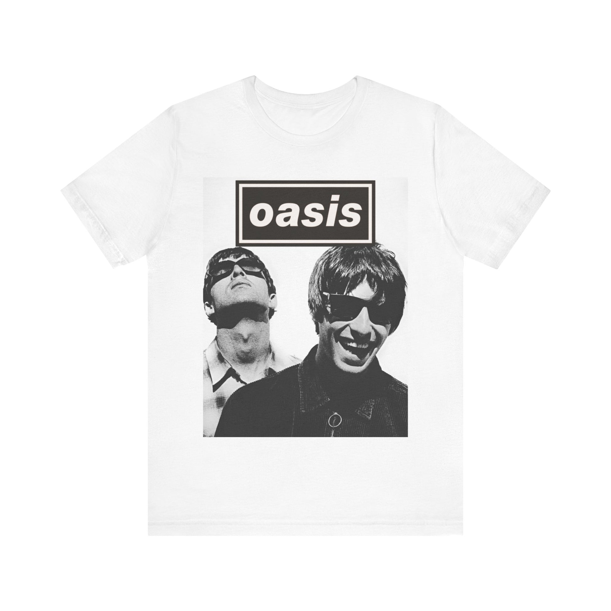 A black graphic t-shirt featuring a bold rock superstar graphic of Oasis.